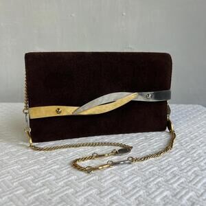Vintage Chocolate Brown Suede Clutch Purse Gold Chain Strap Evening Shoulder Bag